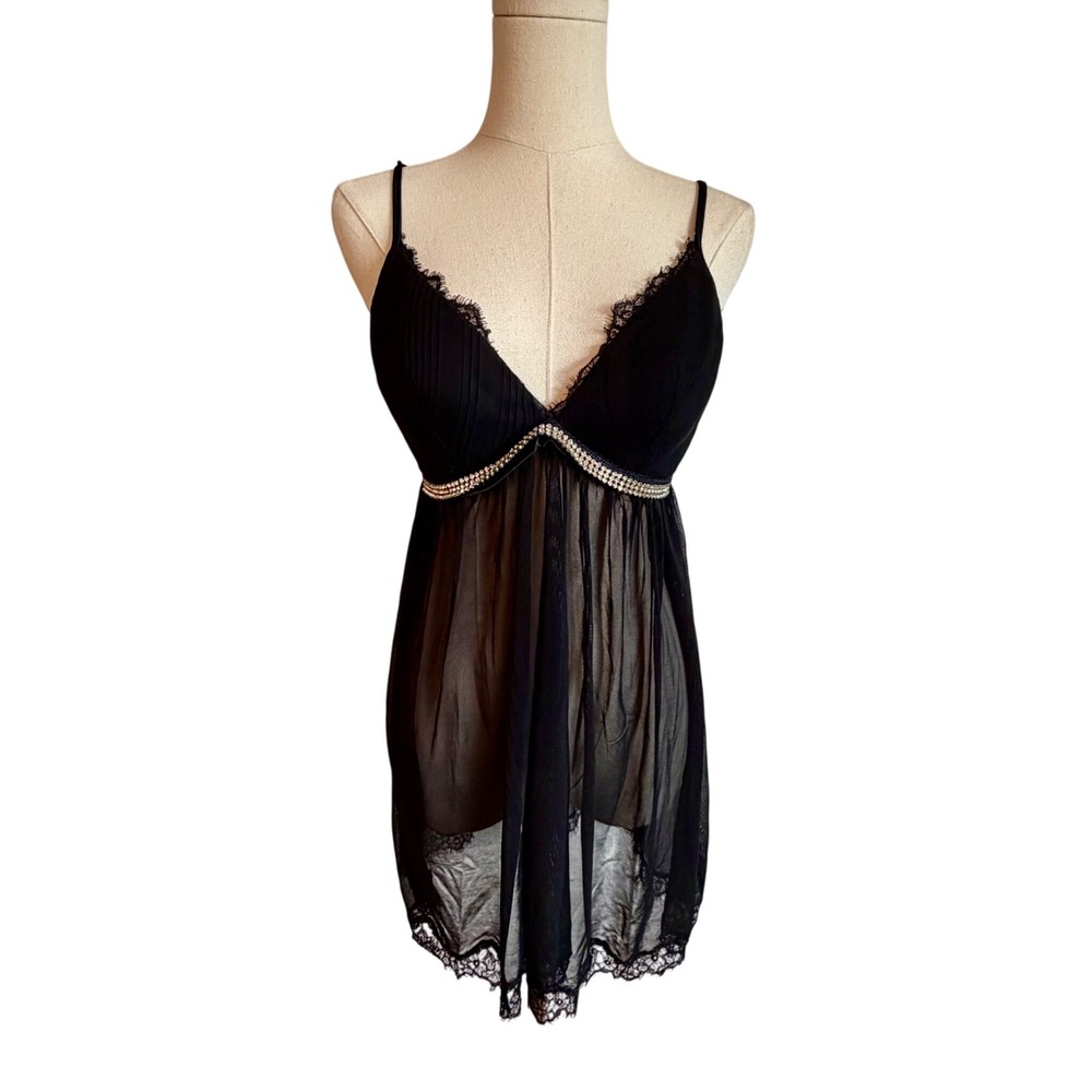 Victoria's Secret‎ Black Mesh Babydoll Chemise Rhinestone Lace Trim Lingerie
36C